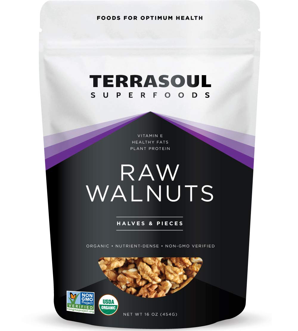 Terrasoul Superfoods Chandler walnuts in a raw 16oz bag with light color and quality