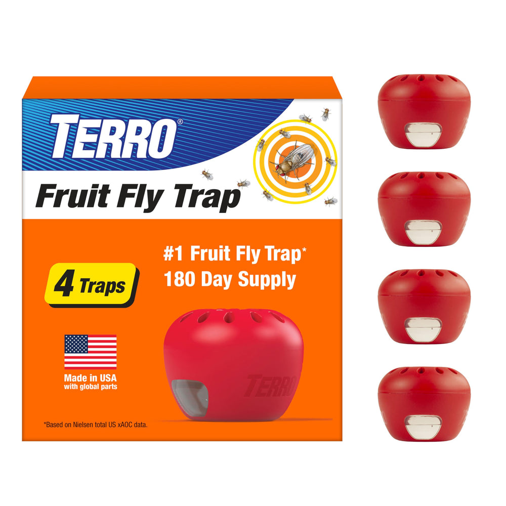 Terro fruit fly trap indoors with apple design near fruit bowl for discreet protection