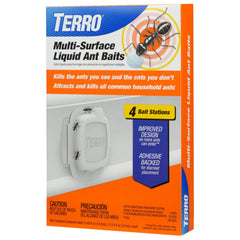 Terro indoor liquid ant bait trap with adhesive strip for discreet wall placement.