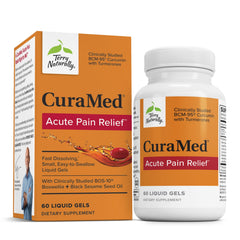 Terry Naturally CuraMed bottle close-up showing BCM-95 curcumin and boswellia for mobility support
