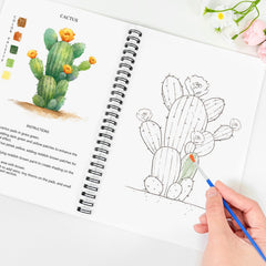 Terself Watercolor Workbook interior plant pages with paints for practice