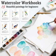 Bird-themed pages from Terself Watercolor Workbooks inspiring beginner-friendly painting.