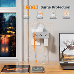 TESSAN 1800J surge protector guards connected electronics from spikes.