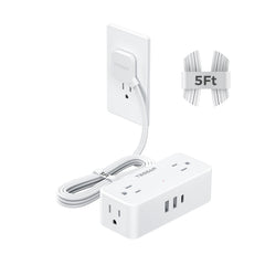 TESSAN 5 ft white extension cord with flat plug fits behind furniture.
