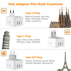 Six-in-one adapter powers outlets and USB ports for travel.