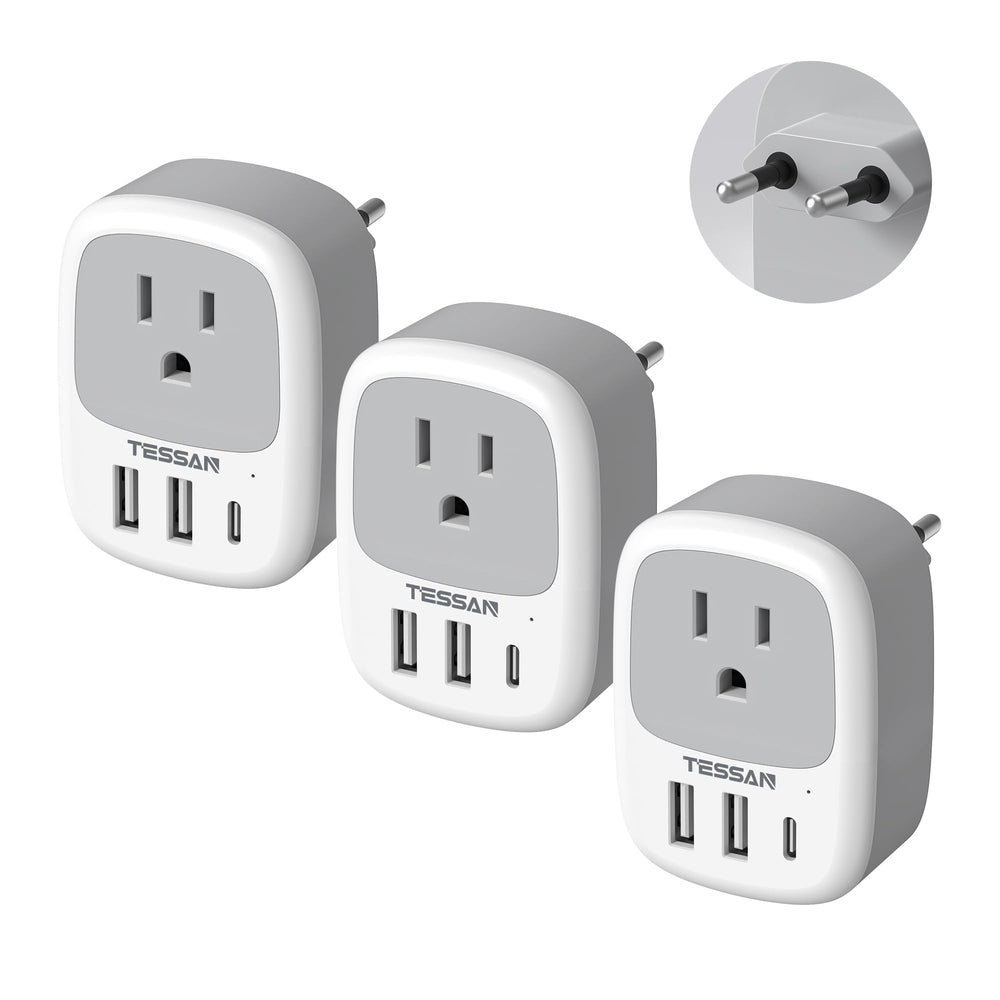 TESSAN European travel plug adapter pack showcases compact design for easy packing.