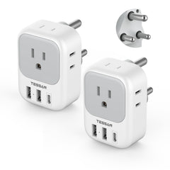 TESSAN South Africa plug adapter front view shows four outlets and USB ports for multi-device charging