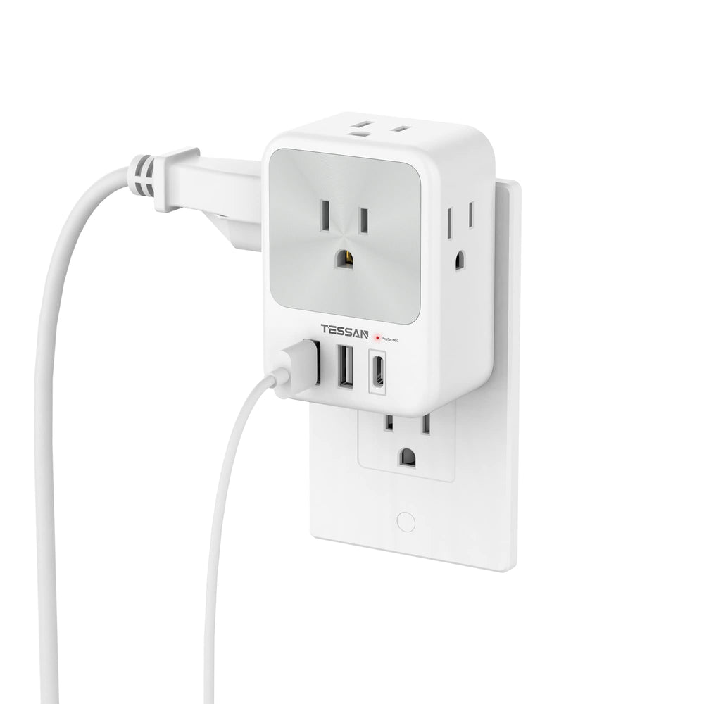 TESSAN surge protector plugged into wall outlet showing multiple charging options.