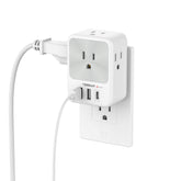 TESSAN surge protector plugged into wall outlet showing multiple charging options.