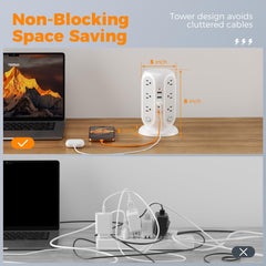 TESSAN Tower Power Strip features a 10 ft flat cord for flexible placement.
