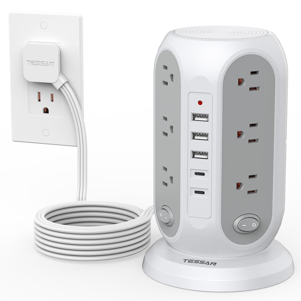 TESSAN Tower Power Strip with 12 outlets and 5 USB ports for clutter-free charging.