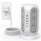 TESSAN Tower Power Strip with 12 outlets and 5 USB ports for clutter-free charging.