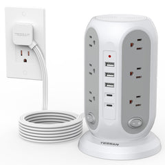 TESSAN Tower Power Strip with 12 outlets and 5 USB ports for clutter-free charging.