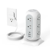 TESSAN tower power strip with flat plug for 11 outlets and 3 USB ports.