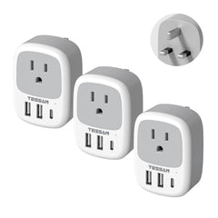 TESSAN UK travel adapter 3-pack on table, compact and travel-ready for hotel setups.