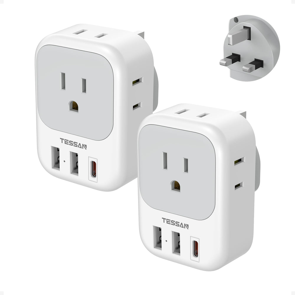 TESSAN UK travel adapter with four outlets for versatile charging on the go.