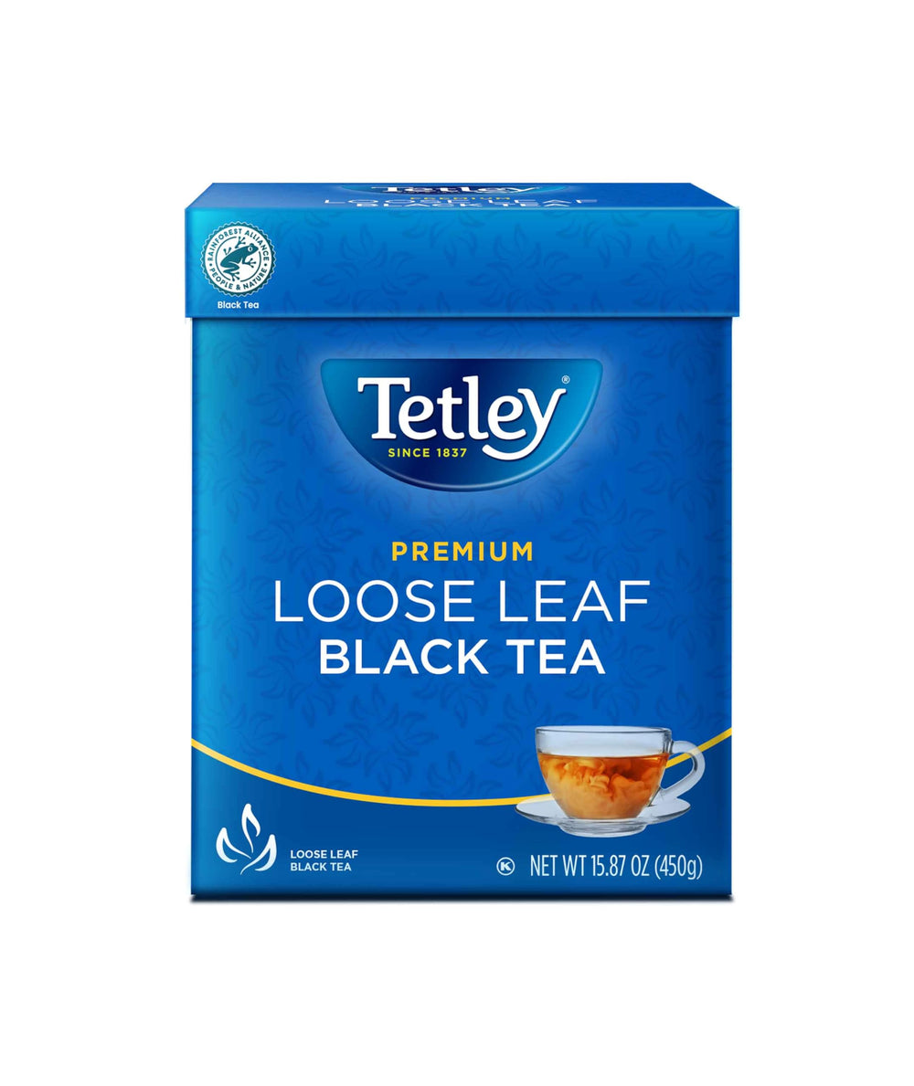 Tetley Premium Loose Leaf Tea pack shot highlighting a rich English blend for tea lovers