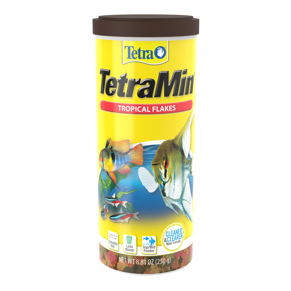 TetraMin Tropical Flakes bottle front showcases a balanced diet for tropical fish.