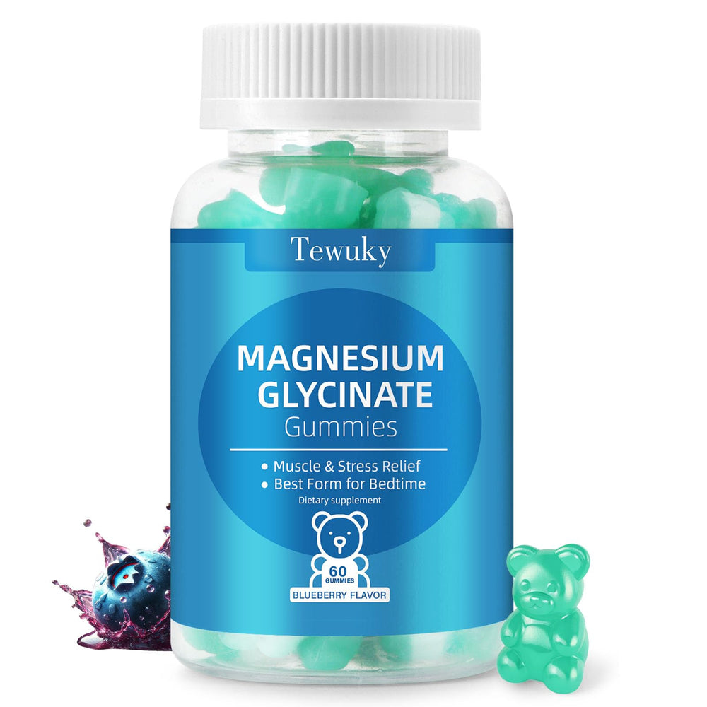 Tewuky Magnesium Glycinate Gummies: blueberry bottle pour for daily calm and muscle support.