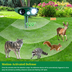 TFKK solar repeller emits ultrasonic sounds and strobe lights for visual-auditory deterrence.