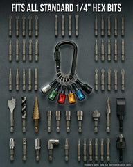 TGSKMZN 6pcs 1/4 hex shank bit holder in-use carabiner demonstrates quick clipping.