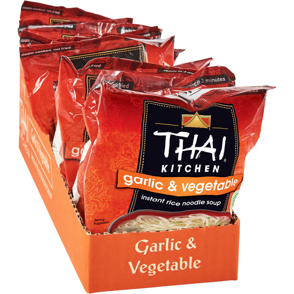 Thai Kitchen gluten-free garlic-vegetable instant noodle soup pack for quick meals.