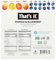 Thats It Mango Blueberry Mini Bar close-up reveals bright fruit flavor.