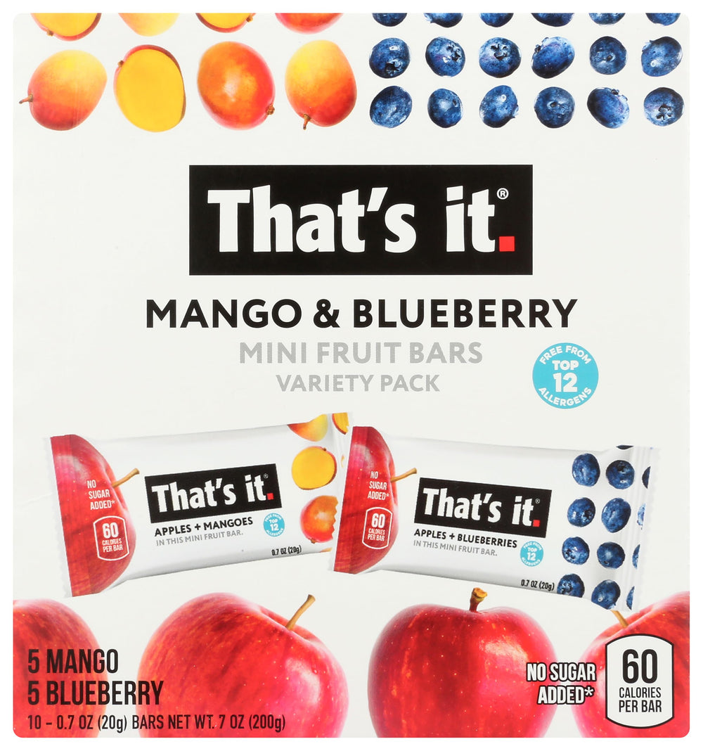 Thats It Mango Blueberry Mini Bar pack, a convenient on-the-go snack.