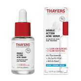 Thayers Double Action Acne Serum bottle shown with clear pores and hydrated look.