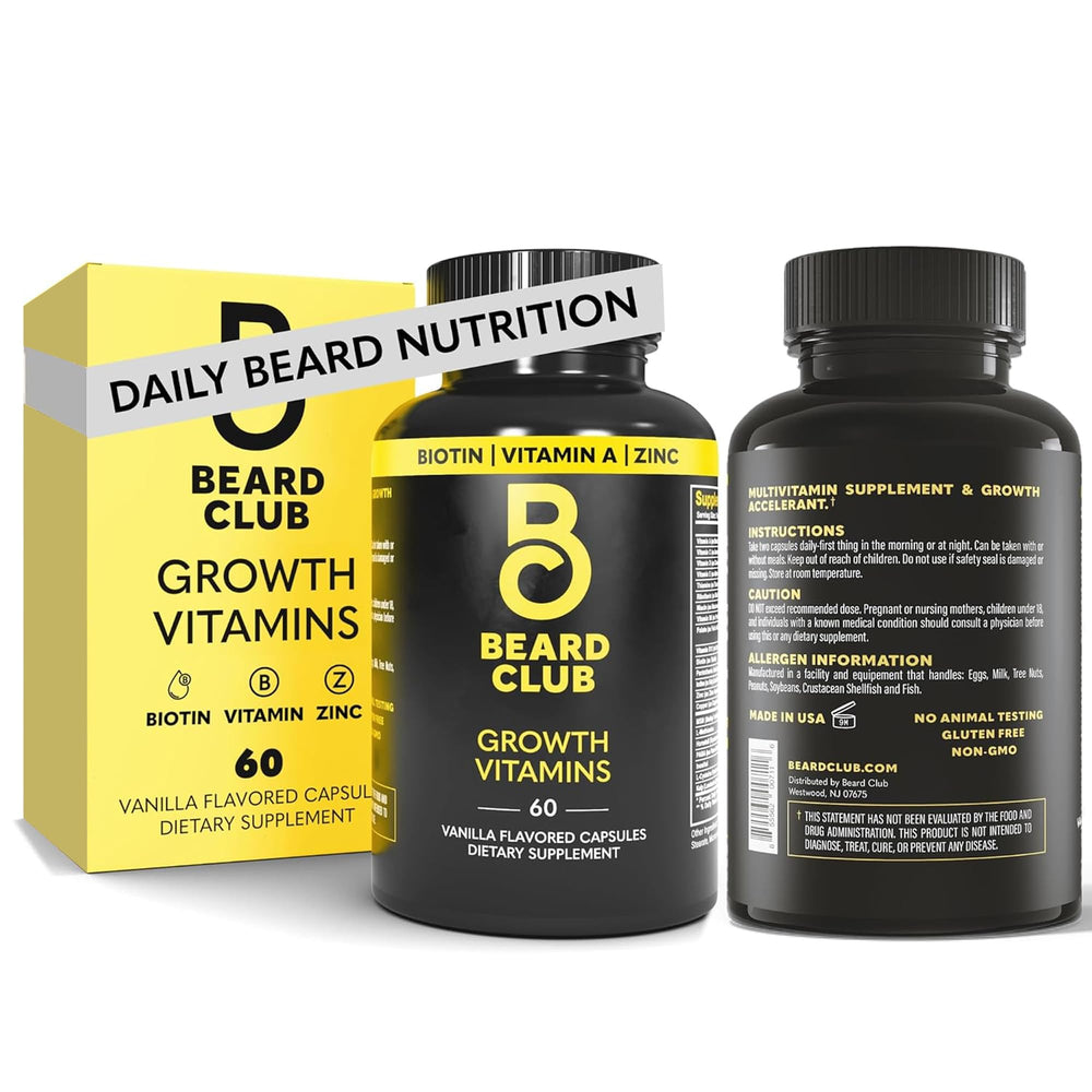The Beard Club biotin beard growth capsules bottle; may support fuller facial hair