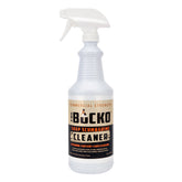 The Bucko Soap Scum Cleaner bottle shows easy spray application for quick shine.