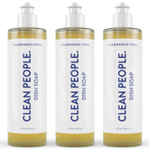 The Clean People liquid dish soap amber bottle pour highlights quick grease removal