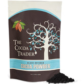 The Cocoa Trader Black Dutch-Processed cocoa powder bag delivers deep color for desserts.