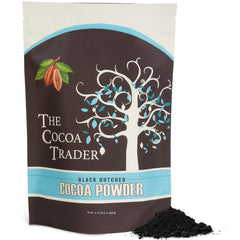 The Cocoa Trader Black Dutch-Processed cocoa powder bag delivers deep color for desserts.