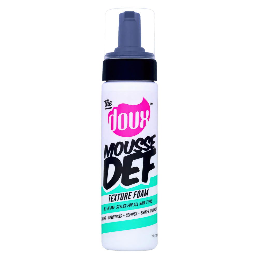 The Doux Multi-Use Mousse bottle close-up for smooth, frizz-free curls.