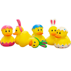 The Dreidel Company Easter rubber duck bath time play with colorful bunnies.