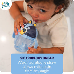 The First Years Bluey Trainer allows sipping from any angle with a weighted straw.