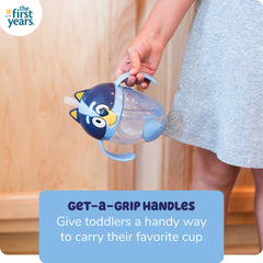 The First Years Bluey Trainer leak-proof lid keeps drinks in the cup.