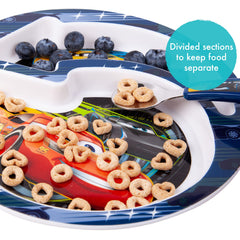 The First Years Cars fork with easy-to-hold handles supports self-feeding.