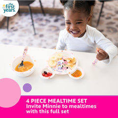 The First Years Minnie Mouse bowl supports easy scooping for self-feeding toddlers.