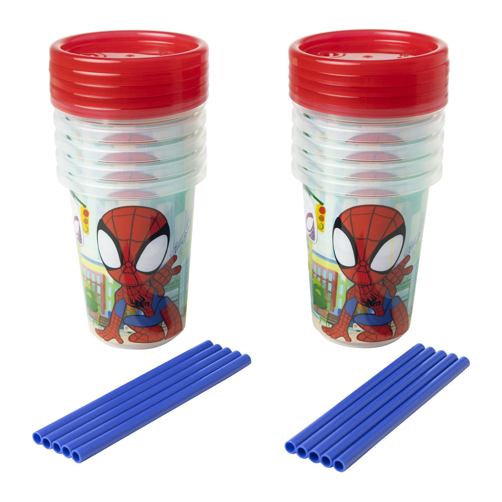 The First Years Spidey Take & Toss cups with spill-proof lids for mess-free meals.