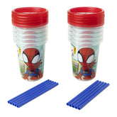 The First Years Spidey Take & Toss cups with spill-proof lids for mess-free meals.