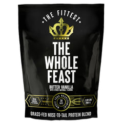The Fittest Ever Whole Feast beef protein powder butter-vanilla front-of-pack image, ideal for keto shakes