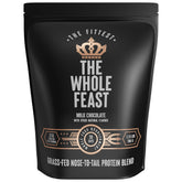 The Fittest Whole Feast beef protein powder bag front showcases grass-fed protein for lean muscle support.