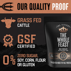 The Fittest Whole Feast container beside a glass of shake shows convenient nutrition on the go.