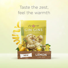 The Ginger People GIN GINS Lemon Ginger Chews 3 oz bag highlights portability.