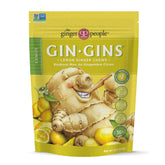 The Ginger People GIN GINS Lemon Ginger Chews packaging highlights a bright lemon-ginger blend for on-the-go.