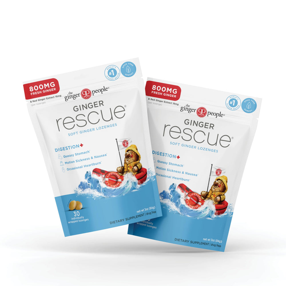 The Ginger People Ginger Rescue lozenges packaging shows on-the-go digestive support.