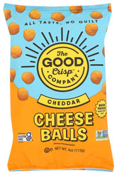 The Good Crisp Company Cheddar Cheese Balls packaging close-up, ideal for on-the-go snacking