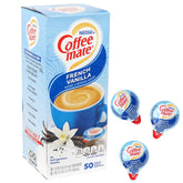 The Hampton Candy Company French Vanilla creamer singles box front, travel-friendly single-serve convenience.